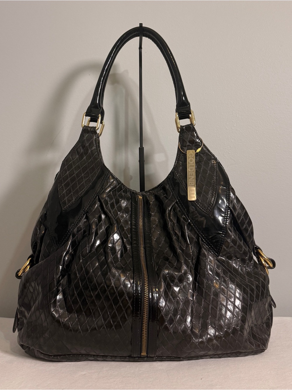 Goldenbleu Hobo Shoulder Bag Black Patent Leather Diamond Quilted Y2K